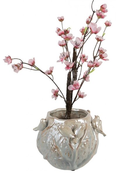 Modrý terakotový obal na kvetináč s zdobeným vtáčikmi - 22*21*17 cm - Clayre & Eef