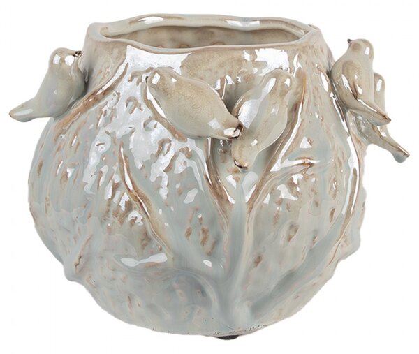 Modrý terakotový obal na kvetináč s zdobeným vtáčikmi - 22*21*17 cm - Clayre & Eef