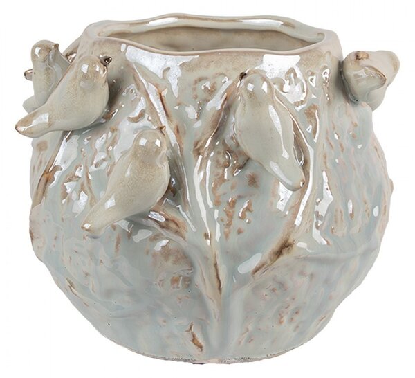 Modrý terakotový obal na kvetináč s zdobeným vtáčikmi - 22*21*17 cm - Clayre & Eef
