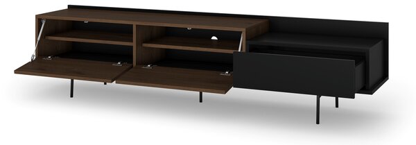 RTV skrinka Zenar 200 cm s kovovými nohami a zásuvkou - elegantný orech / čierna
