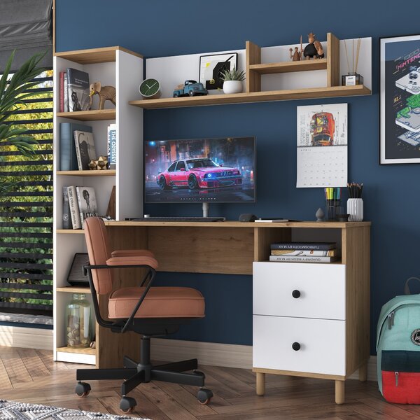Kalune Design Moderná súprava Darah s písacím stolom, knižnicou a policou orech/biela