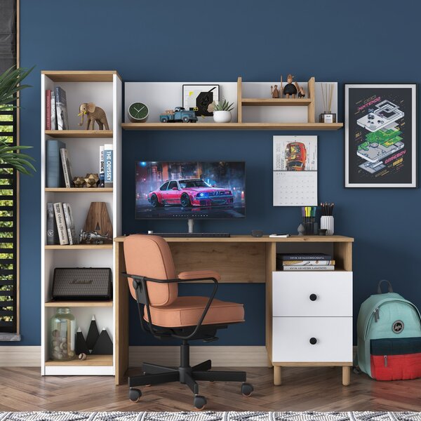 Kalune Design Moderná súprava Darah s písacím stolom, knižnicou a policou orech/biela