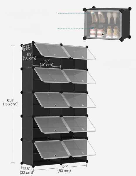 SONGMICS Modulárny botník Lux s 10 dvierkami číry/čierny