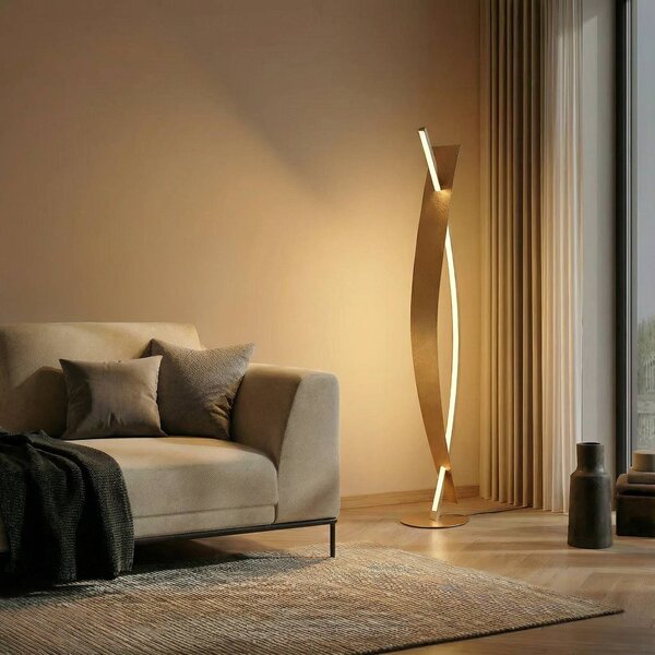 Stojacia lampa Lucande LED Marija, zlatá farba, stmievateľná, 140 cm, Mosadz / zlato, Obývacia izba / jedáleň, kov, Moderný, Stojacie svietidlo