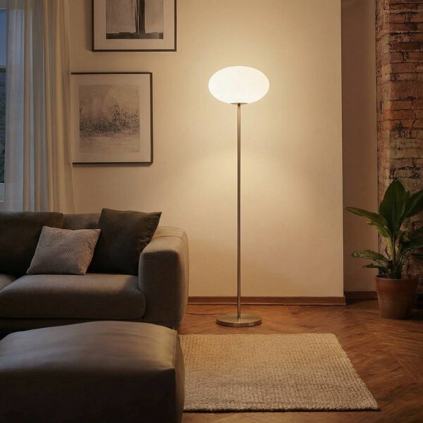 Stojacia lampa Lindby Sonika, 175 cm, farba niklu, sklo, E27, Hliník / sivá / zinok, Obývacia izba / jedáleň, kov, Stojaca lampa
