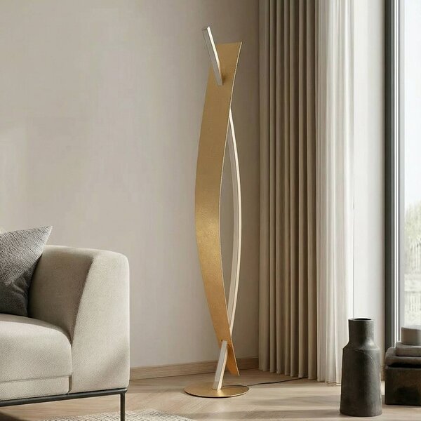 Stojacia lampa Lucande LED Marija, zlatá farba, stmievateľná, 140 cm, Mosadz / zlato, Obývacia izba / jedáleň, kov, Moderný, Stojacie svietidlo