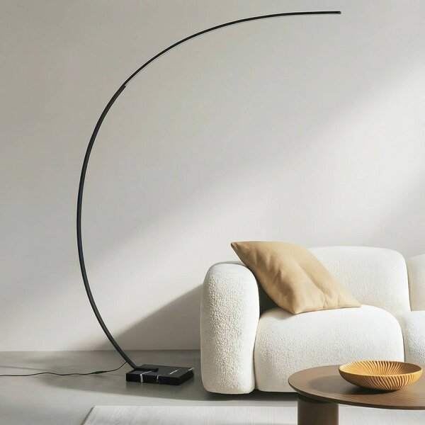 Oblúková stojacia lampa Lindby LED Kendra, čierna, hliník, výška 180 cm, Čierna, Obývacia izba / jedáleň, kov, Moderný, Oblúková stojaca lampa