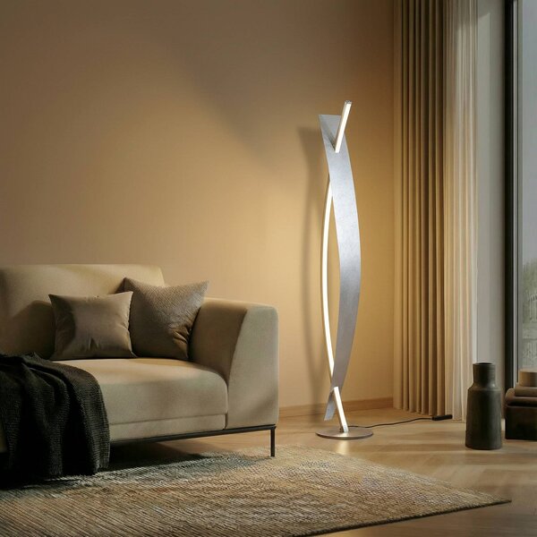 Lucande Stojacia lampa LED Marija, strieborná, stmievateľná, 140 cm, Chrómová / strieborná, Obývacia izba / jedáleň, kov, Moderný, Stojacie svietidlo