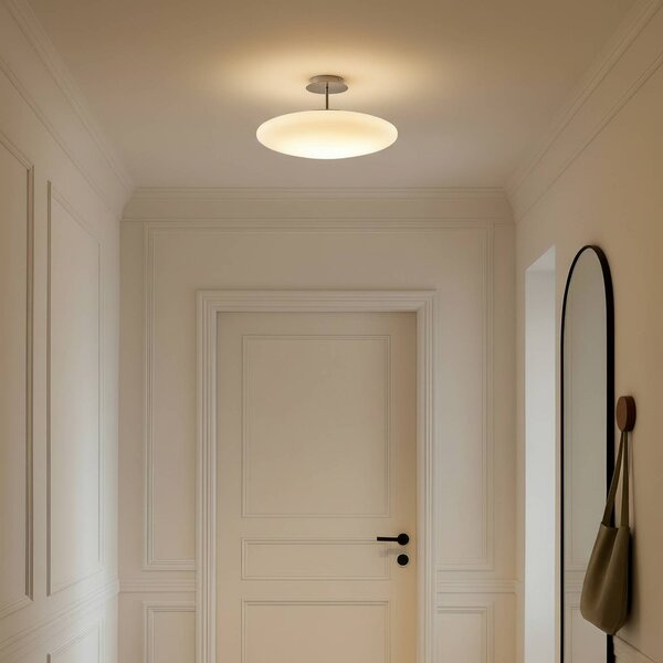 Lindby stropné LED svetlo Gunda, biele, sklo, Ø 48 cm, stmievateľné, Biela / opálová, Obývacia izba / jedáleň, Sklo, Moderný, Stropné svetlo polkruhové s priestorom