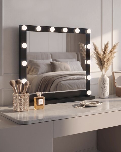Nástenné zrkadlo čierny rám s LED žiarovkami 50 x 60 cm obdĺžnikové hollywoodske