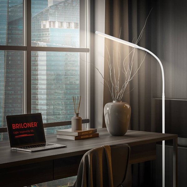 Briloner LED stojacia lampa Mura, biela, výška 170 cm, kov, dotykový stmievač, Biela / opálová, Obývacia izba / jedáleň, Plast, Moderný