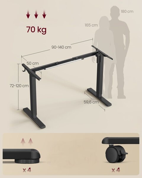 SONGMICS Nastaviteľný elektrický rám pracovného stola Vasagle Prom 90/140 cm čierny
