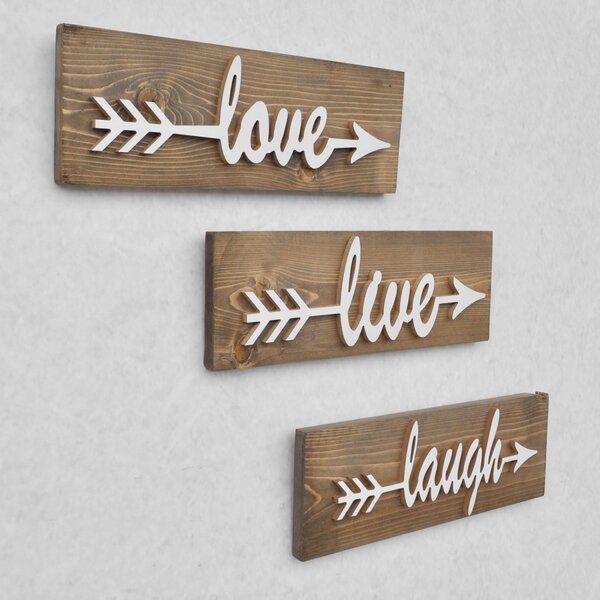 Kalune Design Nástenná drevená dekorácia LOVE LIVE LAUGH hnedá/biela