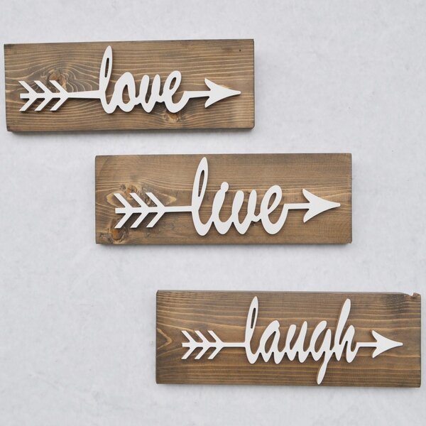 Kalune Design Nástenná drevená dekorácia LOVE LIVE LAUGH hnedá/biela