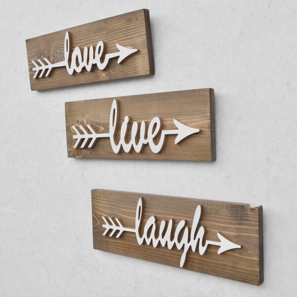 Kalune Design Nástenná drevená dekorácia LOVE LIVE LAUGH hnedá/biela