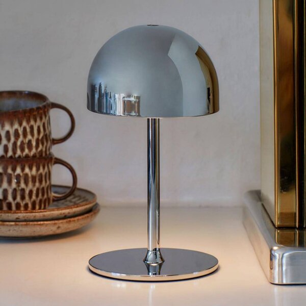 Stolová LED lampa na batérie Tim, chrómová farba, výška 22 cm, IP54, Obývacia izba / jedáleň, kov, Moderný, Stojacie svietidlo