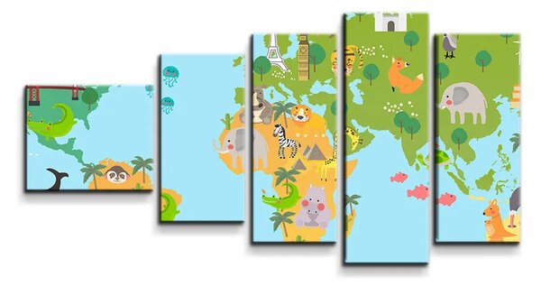 Sablio Obraz - 5-dílný Zvieracia mapa sveta - 100x60 cm