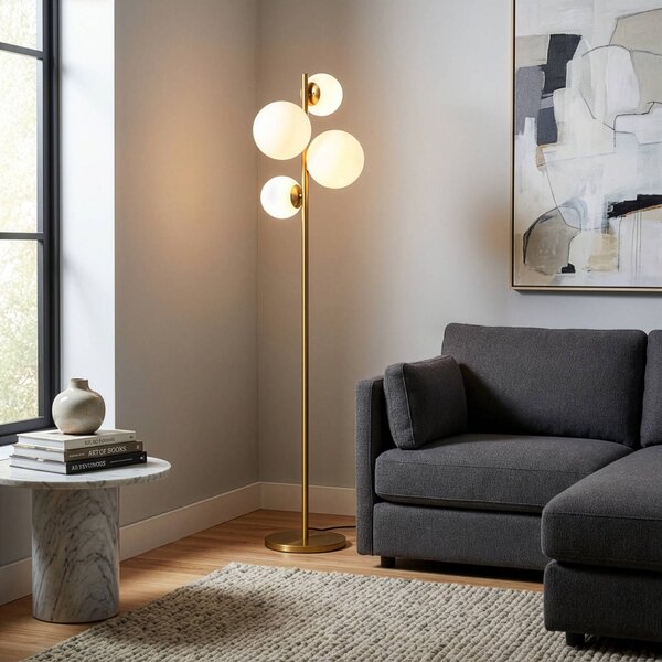 Stojacia lampa Fazli, zlatá, sklo/kov, výška 162 cm, E14, Mosadz / zlato, Obývacia izba / jedáleň, kov
