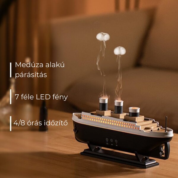 LED aroma difuzér v tvare lode s medúzovým efektom pary a esenciálnym olejom s vôňou ruží