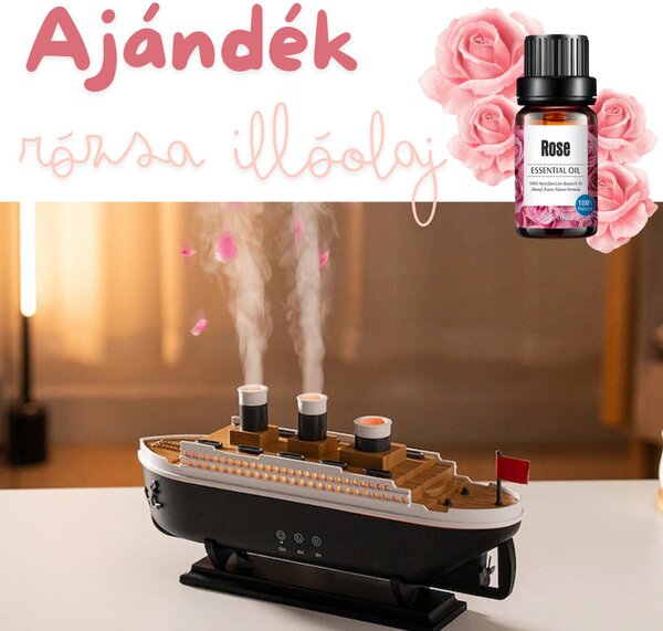 LED aroma difuzér v tvare lode s medúzovým efektom pary a esenciálnym olejom s vôňou ruží