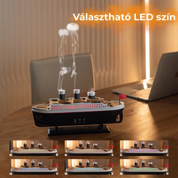 LED aroma difuzér v tvare lode s medúzovým efektom pary a esenciálnym olejom s vôňou ruží