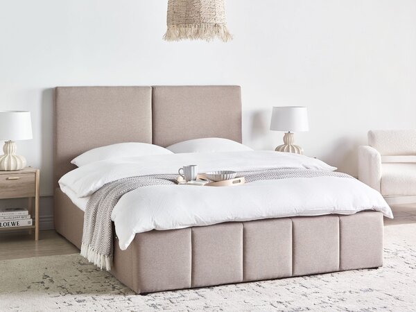 Posteľ sivobéžová látkové čalúnenie polyester 160 x 200 cm s čelom a úložným priestorom moderný štýl spálňa