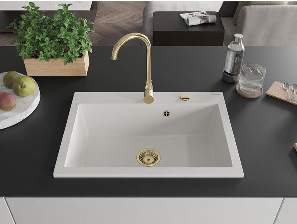 Mexen Elix granitový drez 1-komorový 700 x 500 mm, biely, sifón zlatý - 6526701005-20-G