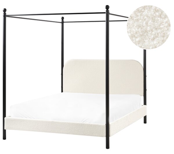 Posteľ s baldachýnom čierny kovový rám krémová biela buklé čalúnenie 140 x 200 cm retro minimalistický štýl