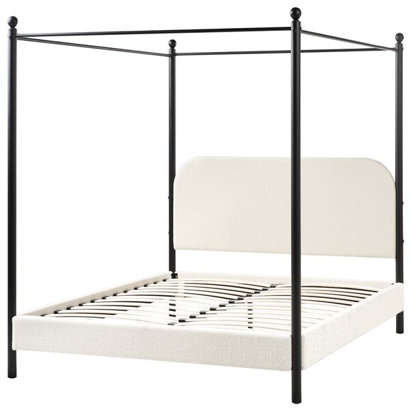Posteľ s baldachýnom čierny kovový rám krémová biela buklé čalúnenie 140 x 200 cm retro minimalistický štýl