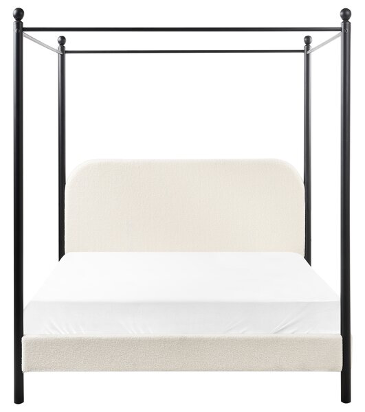Posteľ s baldachýnom čierny kovový rám krémová biela buklé čalúnenie 140 x 200 cm retro minimalistický štýl