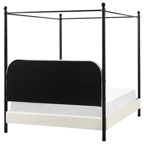 Posteľ s baldachýnom čierny kovový rám krémová biela buklé čalúnenie 140 x 200 cm retro minimalistický štýl