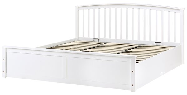 Posteľ biela borovicové drevo 180 x 200 cm s čelom lamelový rošt úložný priestor minimalistický škandinávsky štýl spálňa