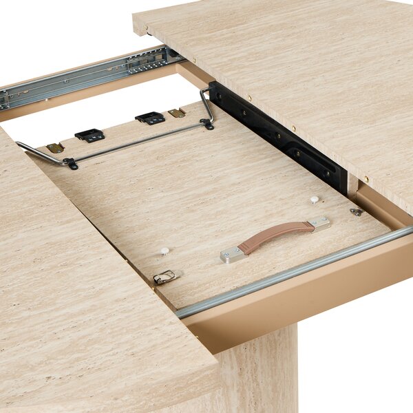 Rozkladací jedálenský stôl svetlohnedý MDF 120/160 x 76 cm s motýlím mechanizmom široký podstavec minimalistický štýl jedáleň kuchyňa
