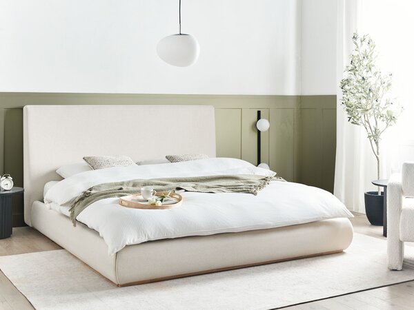 Posteľ s úložným priestorom svetlobéžová látkové čalúnenie polyester 180 x 200 cm s čelom moderný štýl spálňa