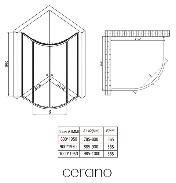 CERANO - Sprchovací kút Orso L/P - 5 mm - štvrťkruh - R550 - chróm, transparentné sklo - 80x80x195 cm - posuvný + sprchová vanička Arvo - minerálny k…