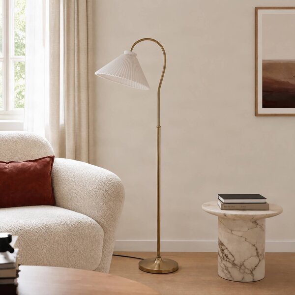 Lucande Stojacia lampa Lisbeth, výška 162 cm, biela/mosadz, E27, Biela / opálová, Obývacia izba / jedáleň, Textil / látka / hodváb, Vidiecky / Rustikálny, Stojaca lampa