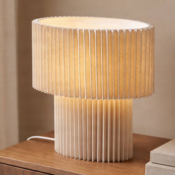 Lindby Stolová lampa Tazia, prírodná/biela, ľan, výška 38 cm, Krémová / jantárovo žltá, Obývacia izba / jedáleň, Textil / látka / hodváb, Stojacie svietidlo