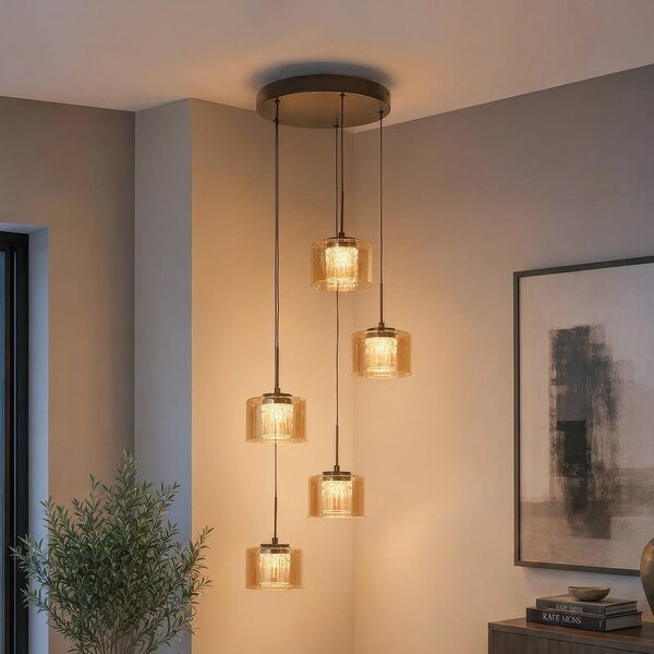 Searchlight LED závesné svietidlo Tumblers, 5-pl. okrúhle, bronzové, sklo, 3 000 K, Krémová / jantárovo žltá, Obývacia izba / jedáleň, Hliník, Závesné svietidlo