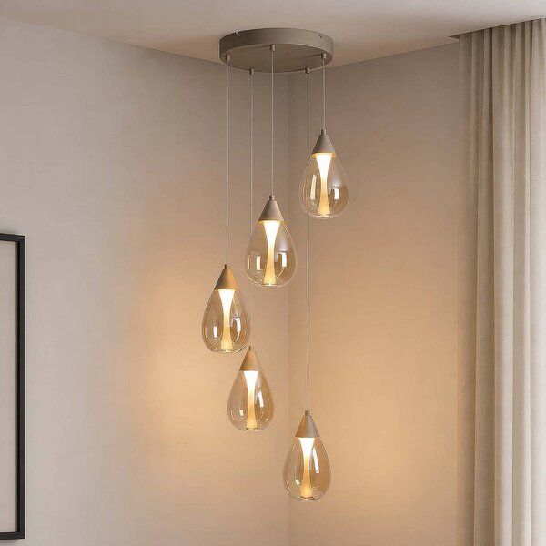 Searchlight LED závesné svietidlo Pear, 5-pl., okrúhla, béžová, sklo jantárové, 3 000 K, Krémová / jantárovo žltá, Obývacia izba / jedáleň, kov, Moderný, Závesné svietidlo