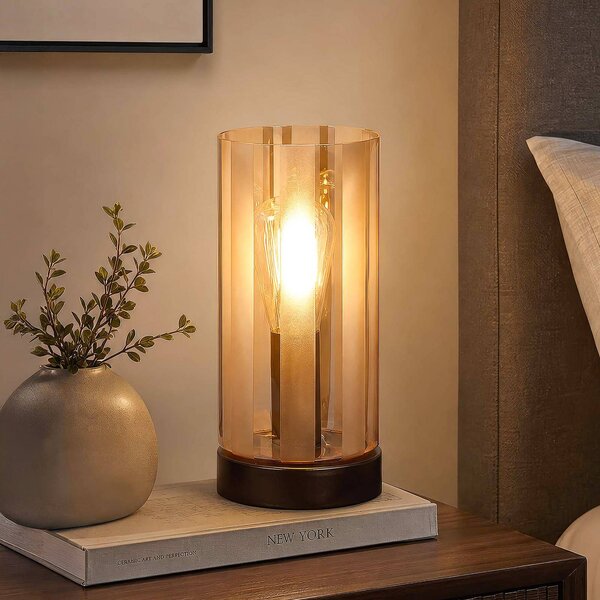Searchlight Stolová lampa Kent, bronzová, sklo, E27, Krémová / jantárovo žltá, Obývacia izba / jedáleň, kov, Stojacie svietidlo