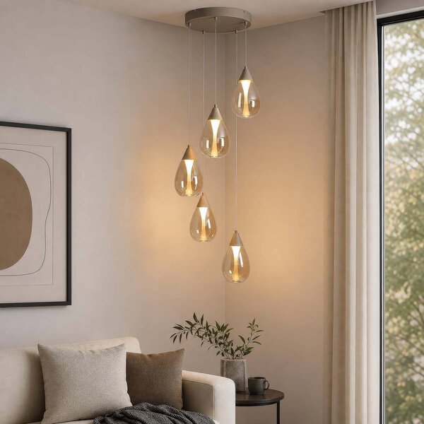 Searchlight LED závesné svietidlo Pear, 5-pl., okrúhla, béžová, sklo jantárové, 3 000 K, Krémová / jantárovo žltá, Obývacia izba / jedáleň, kov, Moderný, Závesné svietidlo