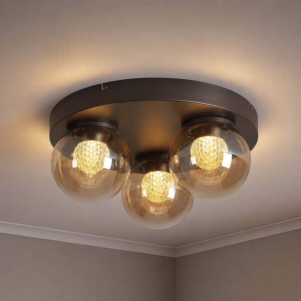Searchlight Stropné LED svetlo Solis, 3-pl. okrúhle, bronzové, sklo, 2 700 K, Krémová / jantárovo žltá, Obývacia izba / jedáleň, kov, Stropné svetlo