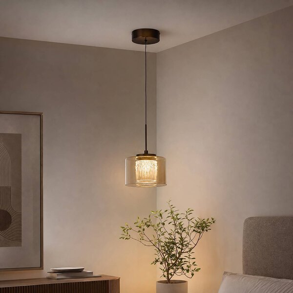 Searchlight LED závesné svietidlo Tumblers, 1-pl., bronzové, sklo, 3 000 K, Krémová / jantárovo žltá, Obývacia izba / jedáleň, Hliník, Závesné svietidlo