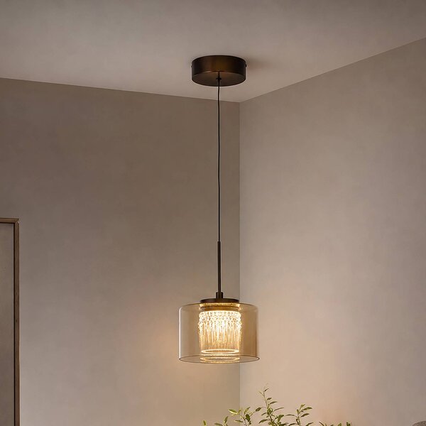 Searchlight LED závesné svietidlo Tumblers, 1-pl., bronzové, sklo, 3 000 K, Krémová / jantárovo žltá, Obývacia izba / jedáleň, Hliník, Závesné svietidlo