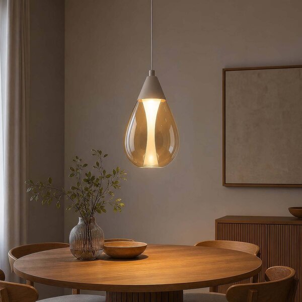 Searchlight LED závesné svietidlo Pear, 1-pl., béžové, sklo jantárové, 3 000 K, Krémová / jantárovo žltá, Obývacia izba / jedáleň, kov, Moderný, Závesné svietidlo