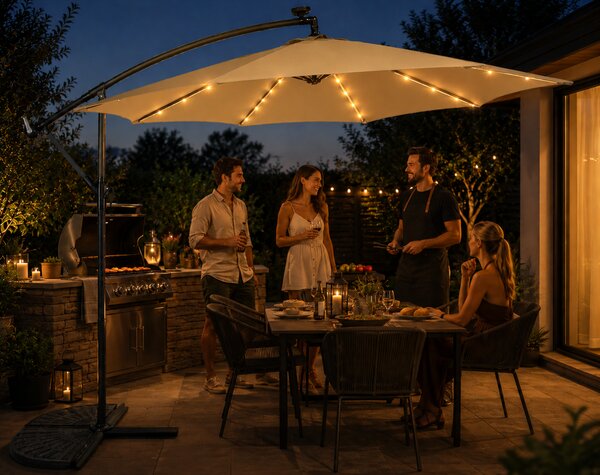 Slnečník LED, 300 cm, TMAVOBEŽOVÝ