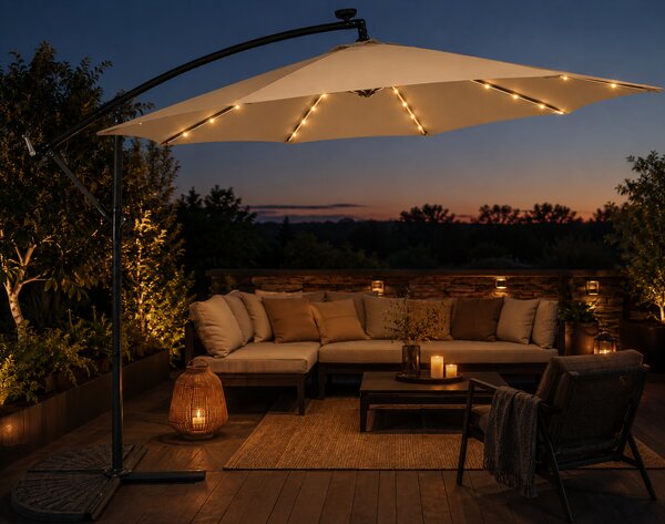 Slnečník LED, 300 cm, TMAVOBEŽOVÝ