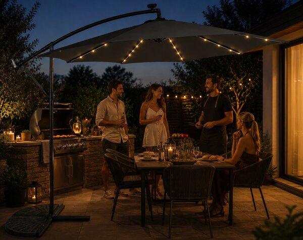 Slnečník LED, 300 cm, TMAVOSIVÝ