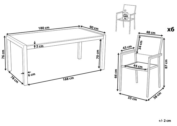 Záhradná jedálenská súprava čierny sklenený stôl 180 x 90 cm 6 čiernych textilných stoličiek