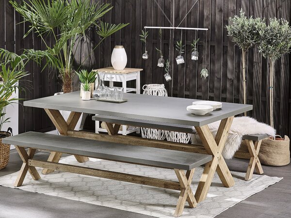 Záhradná jedálenská súprava sivá svetlé drevo betónový stôl 2 lavice moderný štýl interiér exteriér
